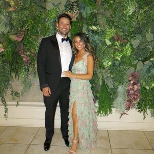 B Darlin Green and Pink Ruffle Tie Shoulder Gown
